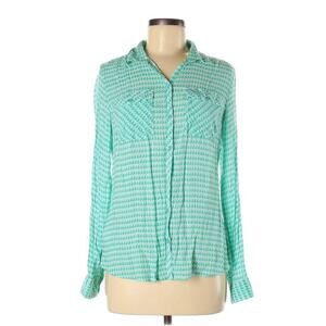 Eddie Bauer Shirt Button Front Shaped Fit Green White Print‎ Women's Medium
